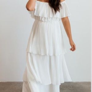White empire waist, tiered, pleated maxi dress